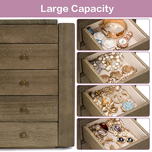 Meangood Jewelry Box Wood for Women, 5-Layer Large Organizer Box with Mirror & 4 Drawers for Rings, Earrings, Necklaces, Vintage Style, Weathered Grey - color: 5 Layer Weathered Grey, size: 5 Layer