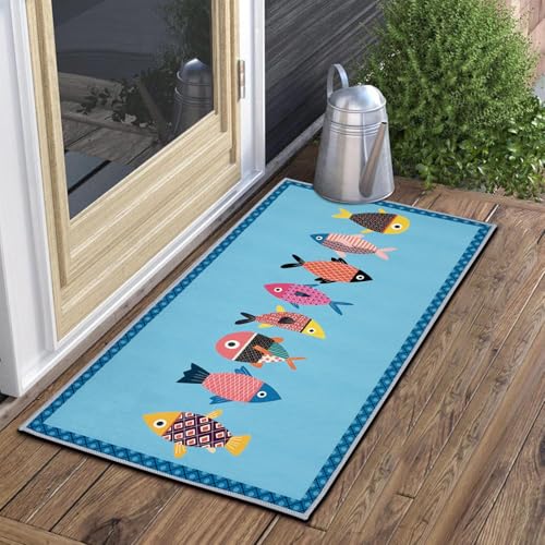 Welcome Entrance Doormat Inside Outside Small Fish Door Mat Ocean Fish Beach Doormat Indoor Outdoor Non-Slip Mat for Patio Aesthetic Welcome Rug Front Back Door Blue Washable Entryway Mat - color: Fish