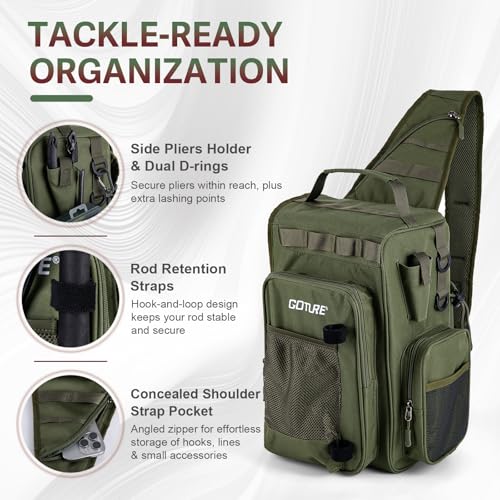 Goture OpenSide Fishing Sling Tackle Storage Bag with 3 3700 Tackle Boxes, Lightweight Fishing Backpack Storge Fishing Gear and Equipment - Green Bag for Fishing,Gift for men - color: Green, size: Large bag with 3700 trays, style: Bag + Fishing Boxes(hand