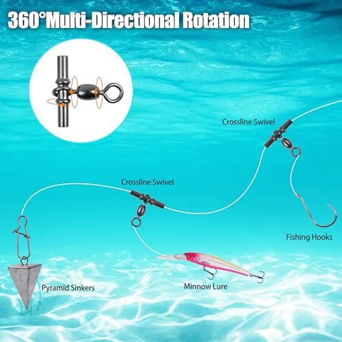 OROOTL Fishing Cross Line 3 Way Swivel, 60pcs T-Shape Sleeve Swivels for Deep Drop Rigs Heavy Duty Crossline Crane Swivel Connecter Saltwater Fishing Tackle - size: 3#-60PCS