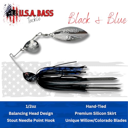 USA BASS Tackle Apache Attack Spinnerbait Type II Largemouth Smallmouth Spotted Bass Premium Fishing Bait Handtied Skirt Custom Blades Heavy Duty Hook New for 2025 - color: Black & Blue, size: 1/2oz - Willow/Colorado