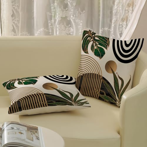 Black Boho Pillow Covers 16x16 Inch 2 Pcs Green Gold Tropical Leaf Mid Century Summer Outdoor Decor Throw Pillows Modern Geometry Farmhouse Decoration Pillowcase Linen Cushion Cover for Couch - color: Black Green Gold Boho, size: 16" x 16" (Pack of 2)