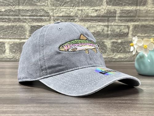 Fishing Baseball Cap for Men Women, Adjustable Embroidered Hat | Fishing Gear, Outdoor Adventure Design, Precision Embroidery Craft, One Size Adjustable Fit - color: Rainbow Trout (Washed Grey)