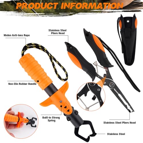 Hikary 10 Pcs Fishing Tool Kit,Folding Fishing Net Set with Storang Bag,Pliers with Lanyard and Protective Sheaths,Hook Remover,Fish Gripper,Fish Scale,Scissors for Fisherman Travel Gifts - color: Orange