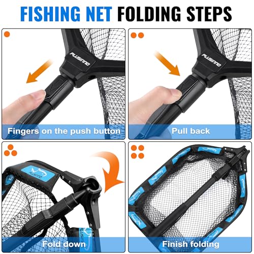 PLUSINNO Floating Fishing Net for Steelhead, Salmon, Fly, Kayak, Catfish, Bass, Trout Fishing, Rubber Coated Foldable Landing Net with Fixed or Telescoping Pole Handle, Fishing Gear and Gifts for Men - color: 11.8"/30cm Hoop Size 0.8M Blue (Fixed Pole)Wit