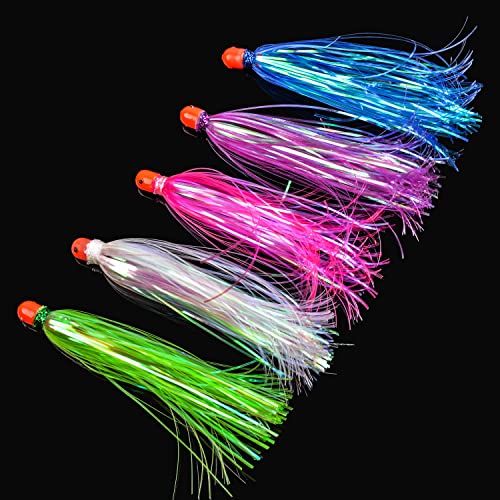 Mylar Skirt Trolling Lures 5.2in Fishing Mylar Skirts Trolling Teasers 3/8 oz Weighted Bullet Head Skirted Trolling Lures with Through-Hole for Mahi Tuna Wahoo Offshore Fishing - color: White_8pcs