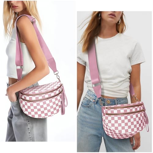 Checkered Crossbody Bum Bags for Women Nylon Checkered Purse Checkerboard Fanny Pack - color: A09-pink
