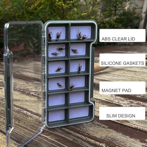 2PACK-Aventik Waterproof Slim Pocket Fly Box Fishing Hook Box Bait Storage Tackle Box (Large, 12 Magnetic Compartment) - style: L:Grey-12C