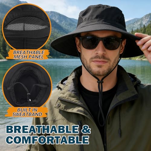 Wide Brim Sun Bucket Hat, Waterproof Boonie Hat for Men & Women | UPF 50+ UV Protection, Adjustable Fit, Chin Strap & Sweatband, Foldable Durable for Fishing Hiking Garden Beach - color: 01 Black