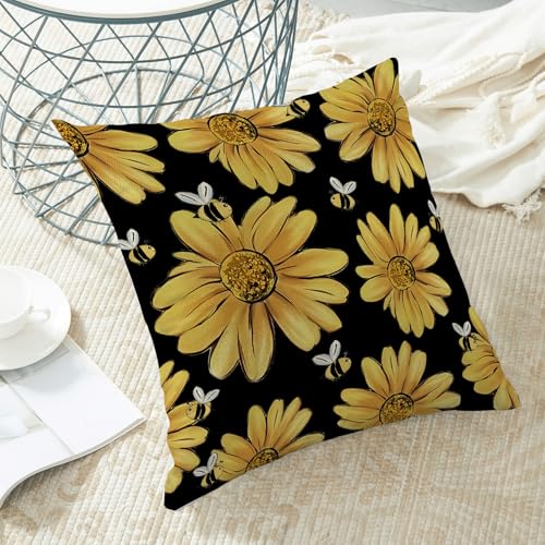 Summer Pillow Covers 18x18 Inch Set of 2 Black Background Yellow Floral Bee Throw Pillows Outdoor Decorative Spring Floral Bee Pillowcases Linen Cushion Cases for Bed Sofa Couch - color: Black Sunflower Bee, size: 18" x 18" (Pack of 2)