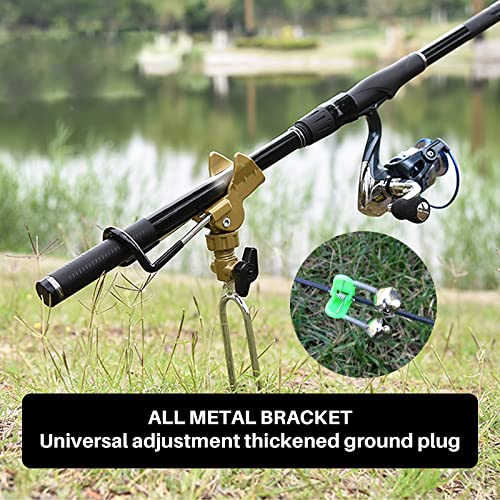 Rod Holder Fishing Pole Holder with Fishing Rod Alarm Bells,Universal Adjustable Gold Fishing Rod Holder Hand and Sea Dual-Purpose Ground Plug Holder for Bank Fishing - color: gold 2pcs