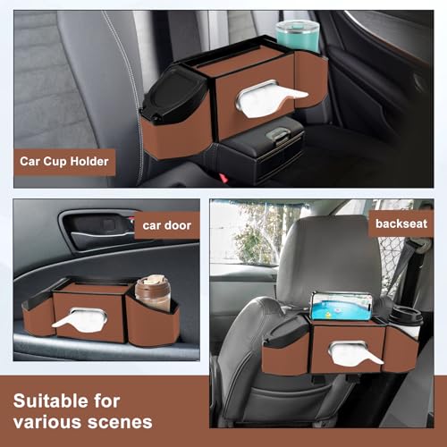 7-In-1 Car Seat Back Organizer with Cup Holders, Tissue Box, Garbage Can&Hooks, Multifunctional Headrest Storage Organizer, Headrest Cup Holder for Backseat, Car Accessories for Trips, Travels(Brown) - color: Brown