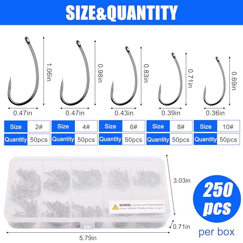 Barbless Fishing Hooks Kit, 250pcs Carp Hooks Small Sizes Barbless Trout Hooks Circle Curved Shank Fly Tying Hooks Circle Hooks for Hair Rig Carp Fishing Tackle Saltwater Freshwater