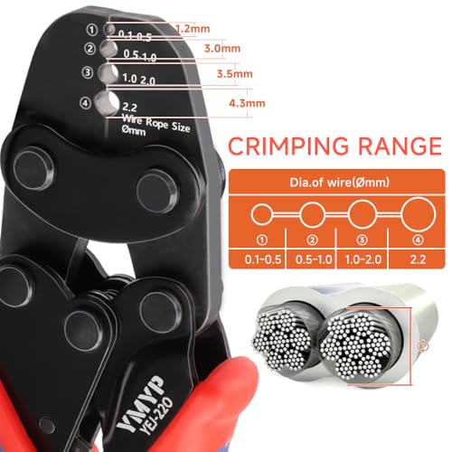 Wire Rope Crimping Tool with Ratchet, Ferrule Swaging Tool for Aluminum Sleeves, Loop Sleeves, Wire Rope Crimper for 1/64''-3/32''(0.1mm-2.2mm) Cables, Heavy-Duty Swaging Tool for Railing,Fishing