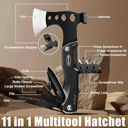 RoverTac Camping Gear Survival Tools Kit Multi Tool Set, 11-in-1 Multitool Axe, High Lumen LED Flashlight, Pocket Knife - Perfect for Camping Survival Hiking Fishing, Tools Gifts for Men.