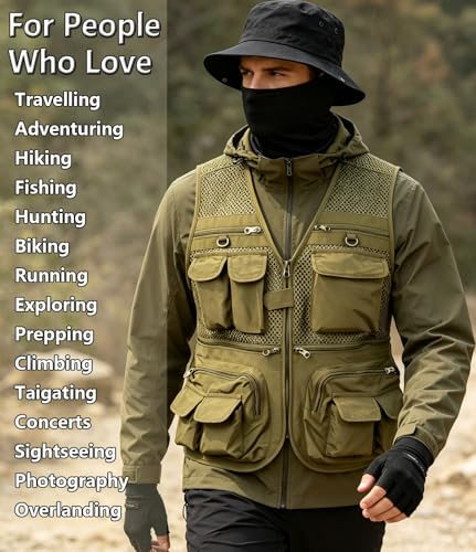 HUNTURE Fishing Vest,Pocket Vest and Hat Gloves Neck Gaiter Set for Men,Lightweight Utility Outerwear Vest - color: Khaki, size: Medium