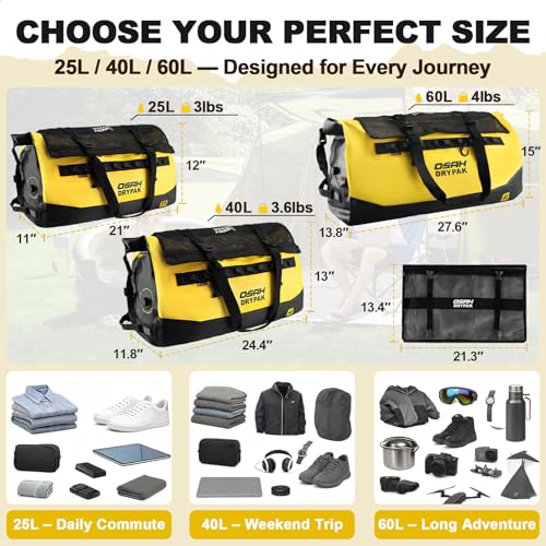 OSAH DRYPAK Waterproof Duffel Bag 25L/40L/60L – Heavy-Duty Motorcycle Tail Bag, Roll-Top Dry Bag for Travel, Camping, Boating, Kayaking, Outdoor Adventure - color: YELLOW, size: 60L