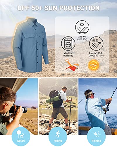 Outdoor Ventures Men's UPF 50+ UV Sun Protection Shirt, Long Sleeve Hiking Fishing Shirt Cooling Quick Dry for Safari Travel - color: Bluestone, size: Large