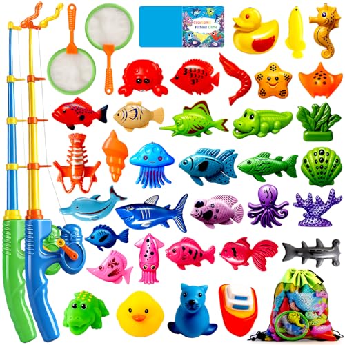 CozyBomB™ Magnetic Fishing Toys Game Set for Kids | Water Table Bathtub Kiddie Pool Party Pole Rod Net, Outdoor Plastic Floating Fish, Toddler Bath Color Ocean Sea Animals Birthday Gift Age 3-5 6 4-8 - size: 34 Fishes