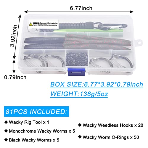 Wacky Rig Worm Hooks Fishing Tool Kit, 81PCS Fish Worm O Rings Set Weedless Hook for Largemouth and Smallmouth Bass Fishing