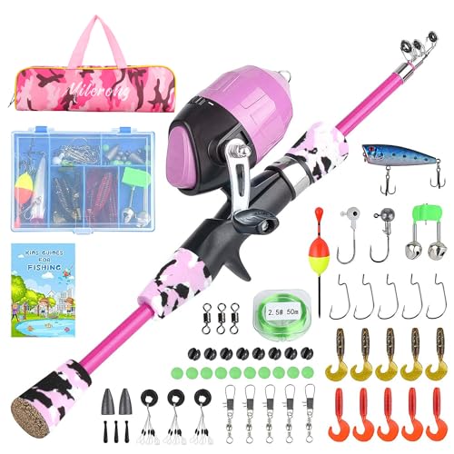 Milerong Kids Fishing Rod, Kids Fishing Pole Portable Telescopic Fishing Rod and Reel Combo Kit for Boys, Girls, Youth - with Spincast Fishing Reel, Fishing Tackles, Fishing Lures, Fishing Lines - color: Pink Fishing Rod Set 1.2m