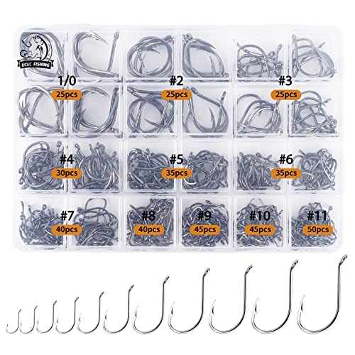 UCEC Octopus Hooks Saltwater Freshwater, Small Fishing Hooks 1000/400/150PCS Barbed Catfish Bend Eye Circle Hook, for Dad Fish Hook Kit Size1/0#1#2#3#4#5#6#7#8#9#10#11#12 - color: 400 Pack Sliver
