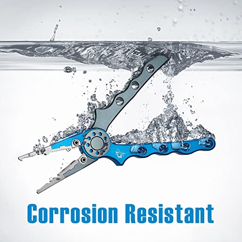 Piscifun Saltwater Fishing Pliers, Aluminum, Split Ring, Braid Cutter | Hook remover, tungsten carbide blade, spring-loaded jaws, ergonomic grip, sheath and lanyard - color: Blue, style: Nylon Sheath