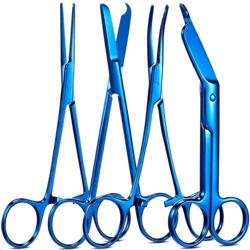 BBTO Hemostat Curved and Straight Hemostat Forceps Piercing Pliers Forceps, Stainless Steel Straight and Curved Pliers, Fishing Tweezer(Blue,4 Pcs) - color: Blue