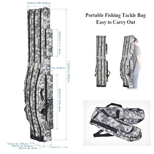 3 Layers Fishing Pole Bag,Portable 3 Layers Oxford Folding Rod Carry Case,Fishing Reel Tackle Storage Bag Case - color: Gray, size: 150cm/59in