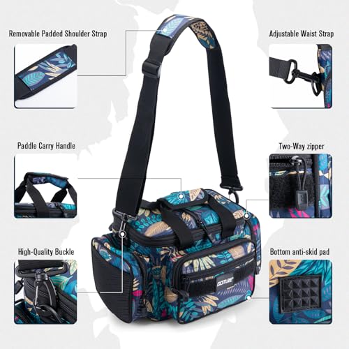 Goture Fishing Tackle Bag with 3pcs 3600 Pink Tackle Boxes,600D Water-Resistant Soft Side Cross Body Sling Fishing Bag, Small Saltwater Gear Storage Tactical Bags, Gifts for Men/Women - color: A1:Blue Leaf with 3 Pink Tackle Boxes, size: Small