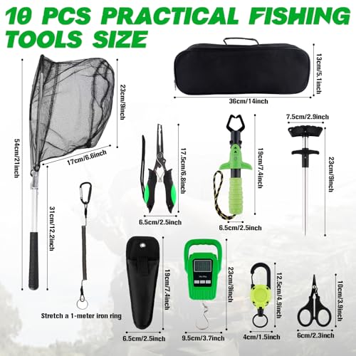 Hikary 10 Pcs Fishing Tool Kit,Folding Fishing Net Set with Storang Bag,Pliers with Lanyard and Protective Sheaths,Hook Remover,Fish Gripper,Fish Scale,Scissors for Fisherman Travel Gifts - color: Green