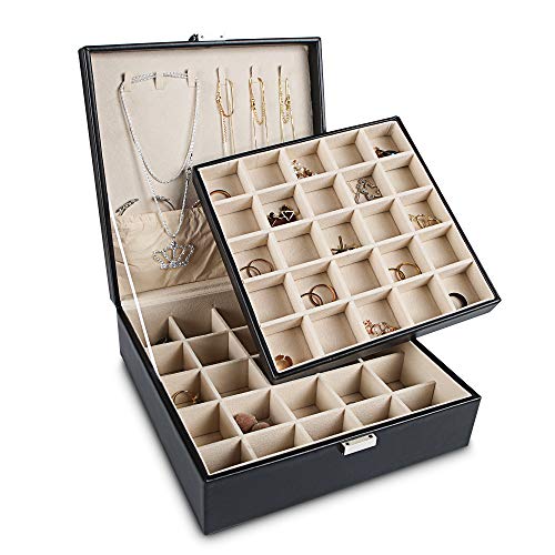 Frebeauty 50 Grid Earring Holder Organizer,2 Layer Jewelry Box for Women | faux leather,velvet lining,adjustable divider,jewelry organizer for ring necklace and bracelet,for home use and jewelry store - color: Black