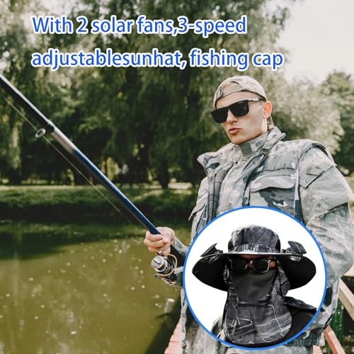 Solar Fan Hat, Wide Brim Solar Fan Outdoor Fishing Hat, 2 Solar Fan Hats for Men, USB Waterproof Outdoor Hiking Camping Fishing Hat with Removable Neck Flap and Face Cover for Fishing Black