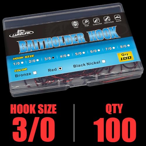 Baitholder Fishing Hooks 100 Pack - Double-Barbed Long Shank for Bluegill Bass Trout Walleye Black/Red, 8/0-#8 - color: 1-Red, size: 3/0 100-Pack
