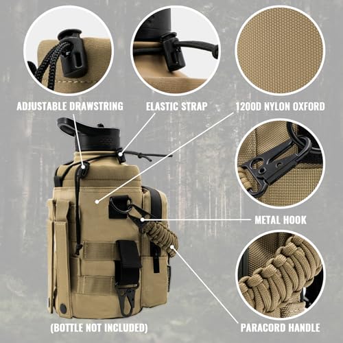 NATURE PIONEOR 32 64 128oz Tactical Water Bottle Pouch, Multi-Function Tactical Water Bottle Bag with Adjustable Shoulder Strap, Half/One Gallon Molle Strap Carrier Holder - color: Khaki, size: 64OZ