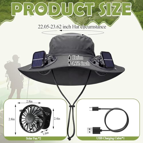 Berlune Sun Hat with 2 Solar Fan Wide Brim Fishing Bucket Hat USB & Solar for Men Women UPF 50+ Cooling for Fishing Beach - color: Dark Gray, size: 5.9 Inch Brim