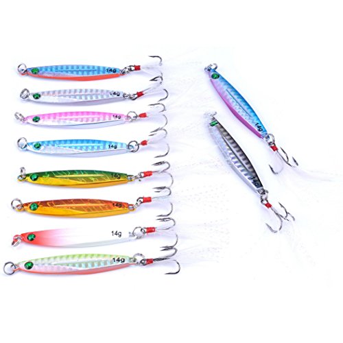 Aorace 10pcs Hard Metal Jigs Diving Sea Fishing Lures Minnow Popper Baits Tackle Crankbait Saltwater Freshwater Lures with Feather - color: 10pcs 6cm/14g