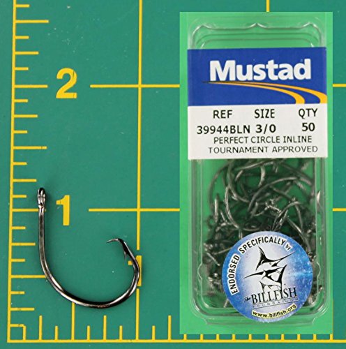 Mustad Classic 39944 Standard Wire Demon Perfect in Line Wide Gap Circle Hook | Saltwater Freshwater Hooks for Tuna, Catfish, Bass and More - size: Size 3/0 - Pack of 50