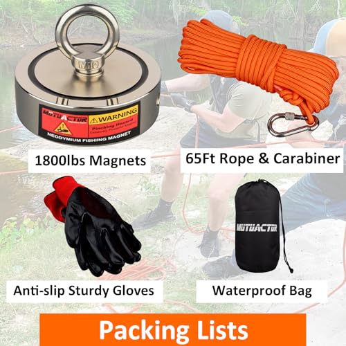 MUTUACTOR Fishing Magnet Kit,1800lbs Double Sided Fishing Magnets Heavy Duty,Φ3.7''Permanent Neodymium Magnet with 65Ft Salvage Rope Sturdy Gloves Bag for Retrieval and Recovery of Treasure - style: 1800lb Magnet(Double Sided)--Φ 3.7"