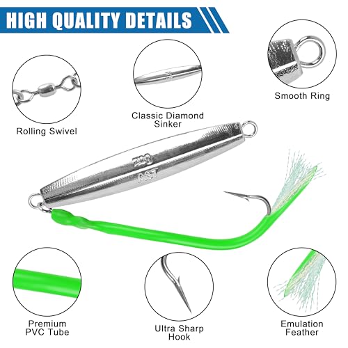Diamond Jigs Saltwater Fishing Lures,Casting Jigging Spoon with Split Tube Tail Stainless Steel Hook Metal Jig Spoon Baits for Deep Sea Offshore Surf Fishing Bottom Sinking - color: 3pcs-3 Colors Mixed, size: 6oz