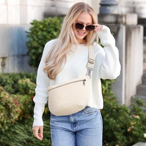 KALIDI Woven Crossbody Bags for Women Travel Vegan Leather Fanny Packs for Woman Cross Body Purse Fashion Belt Bum Bag with Wide Strap - color: Beige