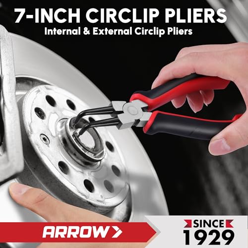 ARROW Snap Ring Pliers Set, 4-Piece Heavy Duty 7-Inch Internal/External Circlip Pliers with Straight & Bent Jaws, CR-V Steel, Spring-Loaded Precision C-Clip Removal Tool with Storage Pouch