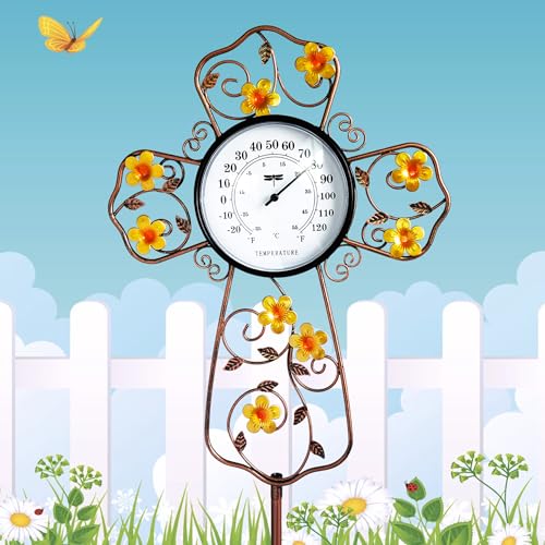 Christian Cross Outdoor Thermometer- Decorative Flower Garden Stake with Flower Design for Patio, Prayer Gardens & Waterproof Oil Rubbed Bronze Temperature Gauge (38 Inch) - color: B-Christian Cross