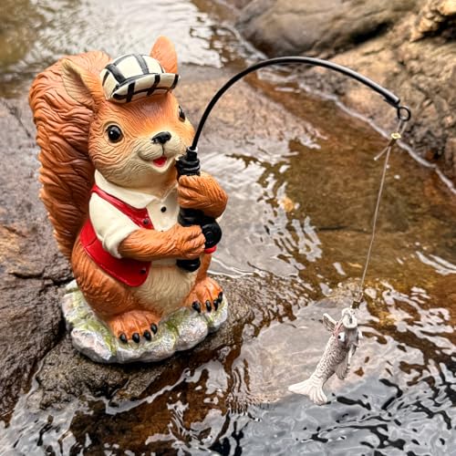Squirrel Outdoor Statue Koi Pond Garden Decoration, Squirrel Decor for Yard 7.1'' Fishing Sculpture Outdoor Patio, Lawn Accessory, Fishing Animals for Waterfall or Koi Pond Additional, Gifts for Mom - color: Fishing Squirrel