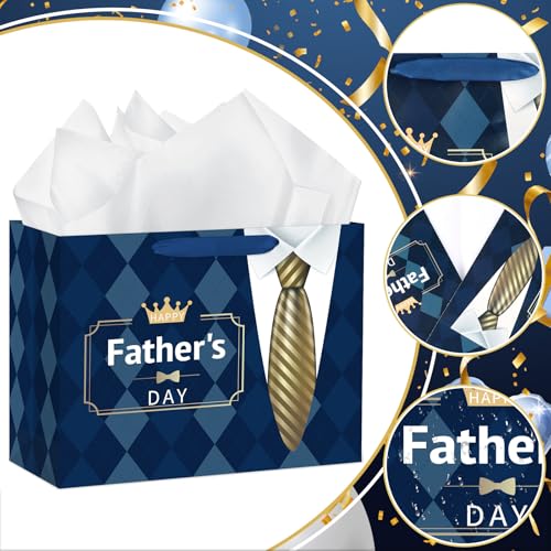 Hooqict Large Fathers Day Gift Bag Father Gift Wrap Bag with Handles, Tissue Paper, Greeting Cards for Best Daddy Husband Grandfather Happy Father's Day Celebrations Party Supplies - color: Fathers Day