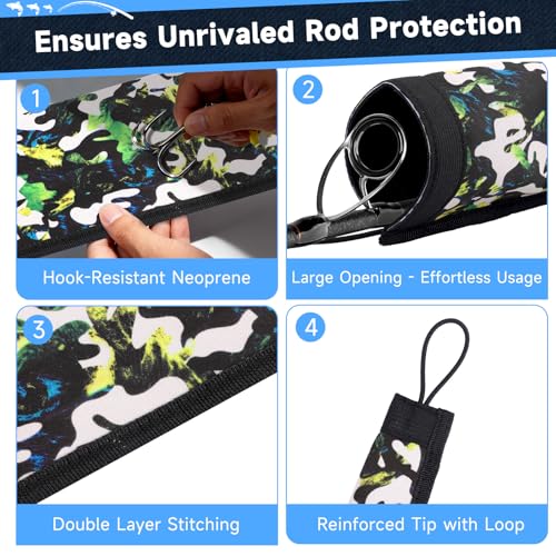 Neoprene Fishing Rod Sleeves for Casting, Spinning, Trolling Pole - Protective Cover Rod Sock with Hanging Loop & Lanyard- Floating, Puncture Resistant, Lightproof - size: 58", style: 4 Pcs