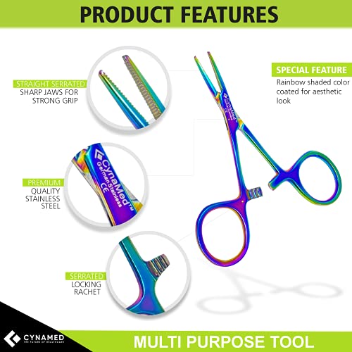 Cynamed Mosquito Hemostatic Forceps with Multicolor/Rainbow Titanium Coating - Premium Quality - Hemostat Clamping Pliers with Serrated Jaws - 3.5 in. (Straight) - style: Straight