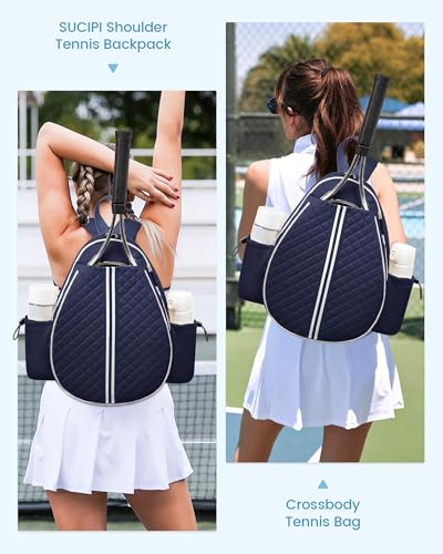 Sucipi Tennis Bag, Quilted Tennis Sling Crossbody Backpack, Water Resistant Tennis Racket Bags for Women Men, Suitable for Pickleball Tennis Badminton - color: Navy Blue, size: Medium