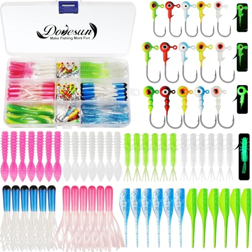 Dovesun Crappie Lures with Jig Heads Kit, Soft Plastic Grubs-Tube Baits 1/8oz 1/16oz 1/32oz Crappie Jigs Walleye Trout Bass Crappie Baits 95-120pcs - color: A-110PCS-Crappie Lures(small)