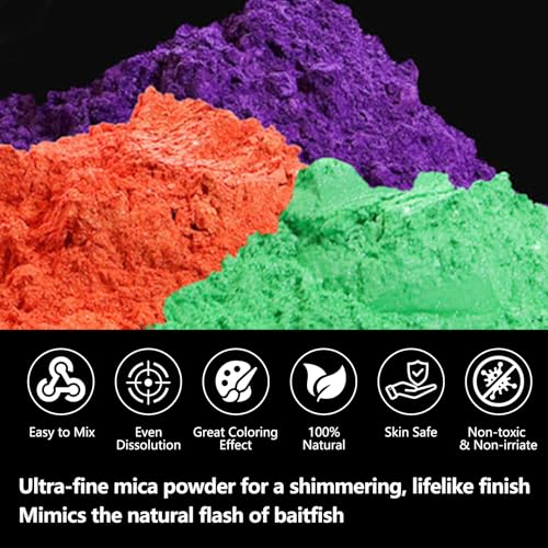 Eupheng Mica Powder 5 Colors Pearlescent Soft Plastic Lure Pigment for DIY Fishing Lure Making, Vibrant & Shimmering Finish 1/3oz Each